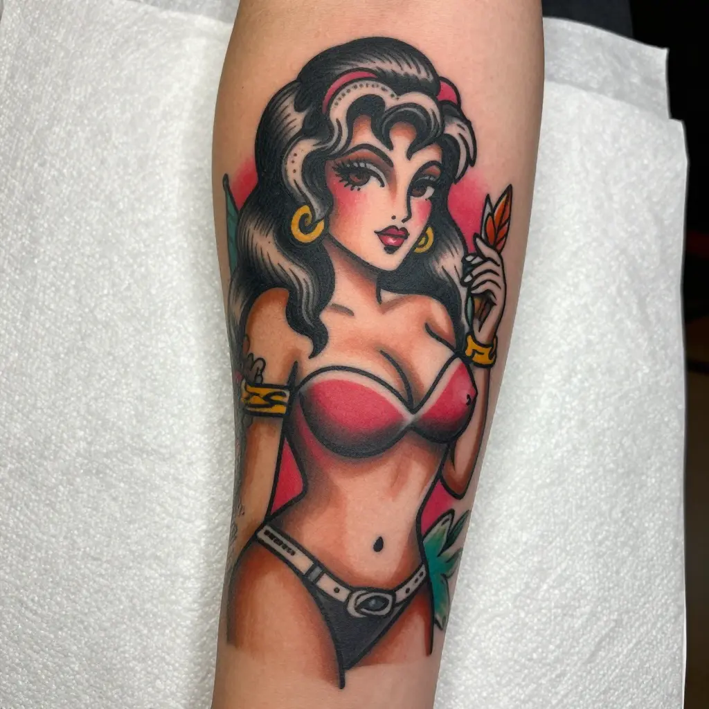 Colorful neo-traditional pinup tattoo on forearm: dark-haired woman in red bikini, gold hoops, floral accents.