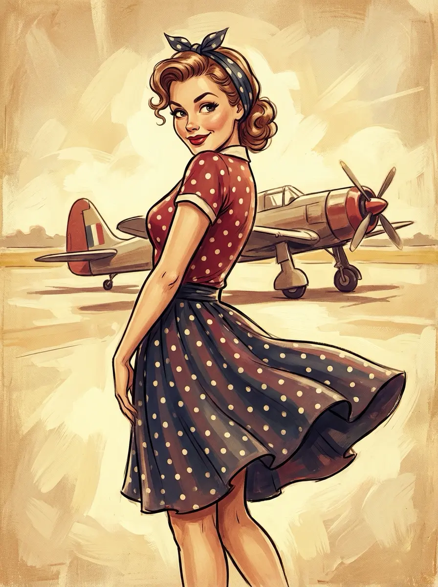 Vintage pin-up illustration of a woman in a polka-dot dress and headscarf posing by a retro propeller airplane