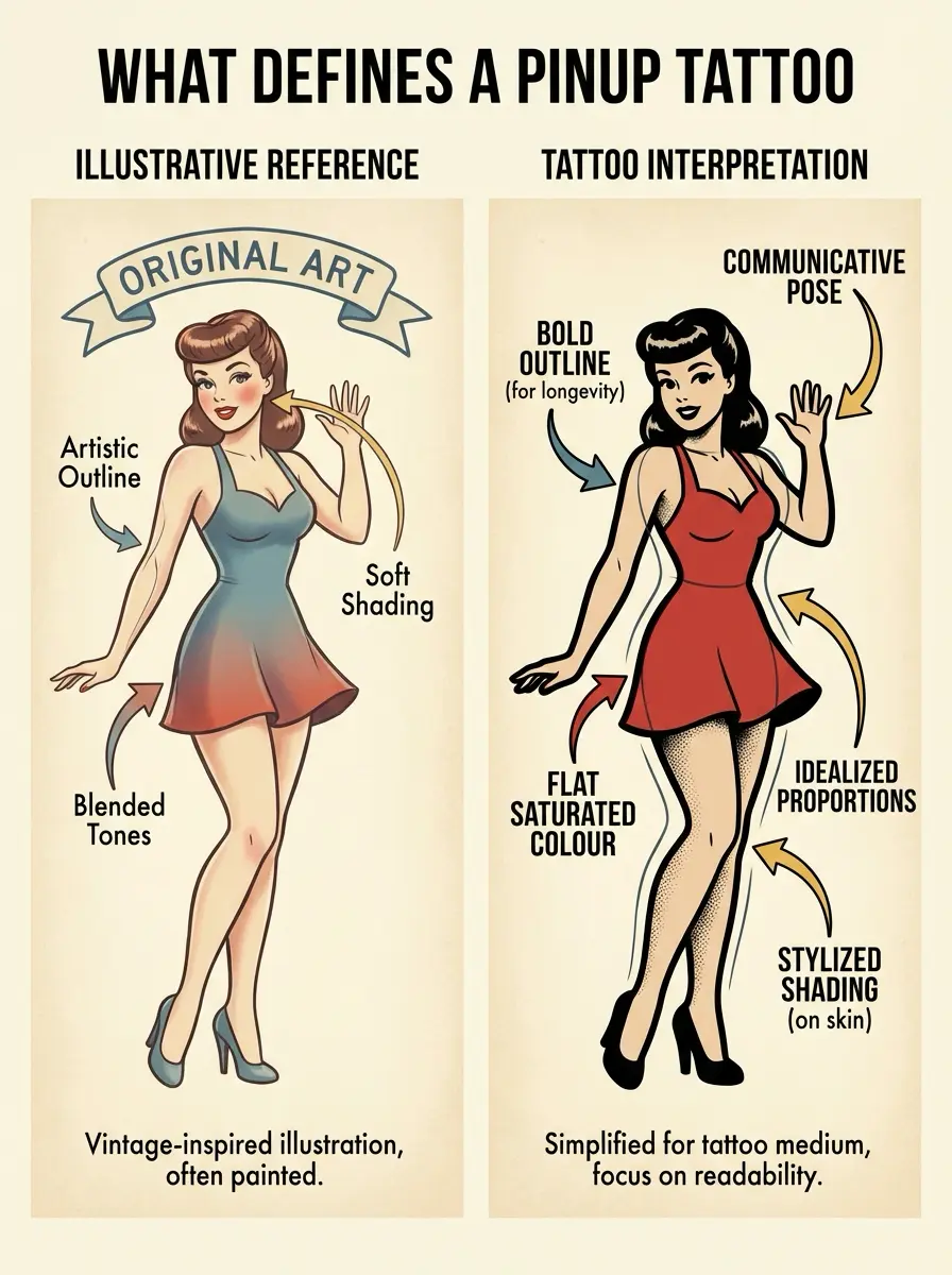 Vintage pinup illustration vs tattoo interpretation showing differences: soft shading vs bold outline, flat saturated color.