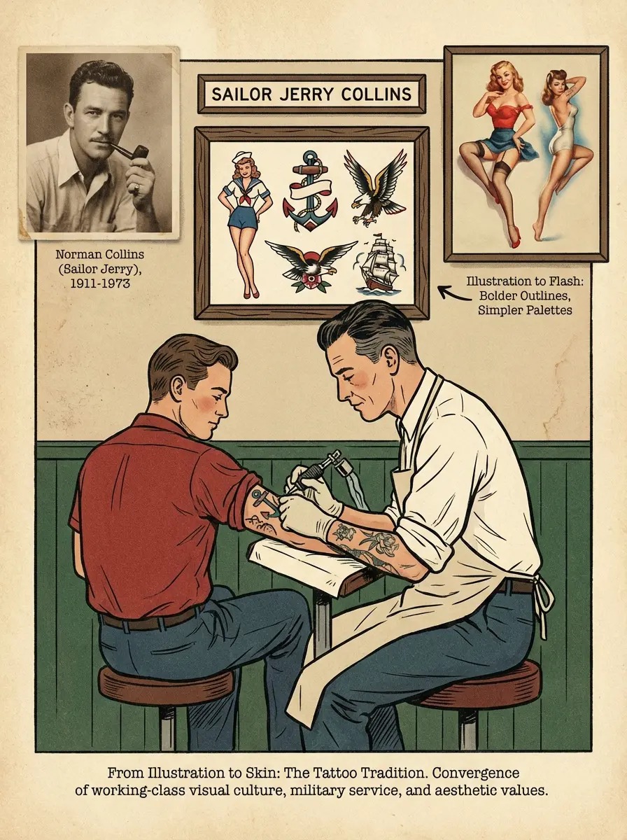 Vintage sailor style tattoo artist tattooing a man in parlor, classic tattoo flash sheets and pin-up art on the wall