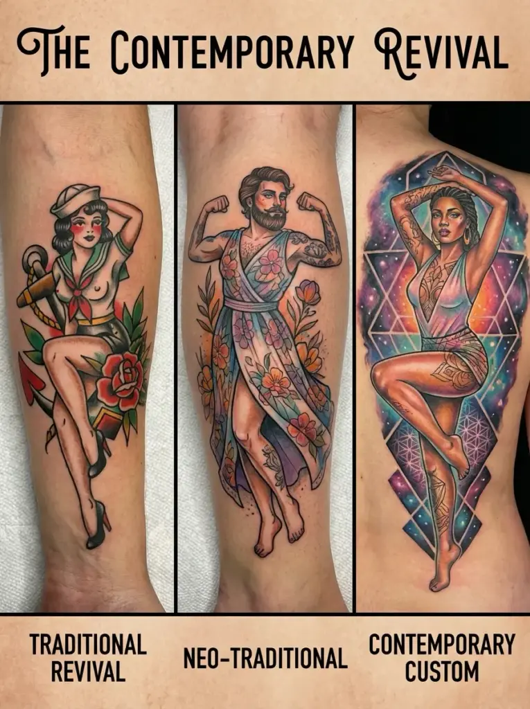 Three colorful leg tattoos showing Traditional Revival, Neo-Traditional, and Contemporary Custom styles.