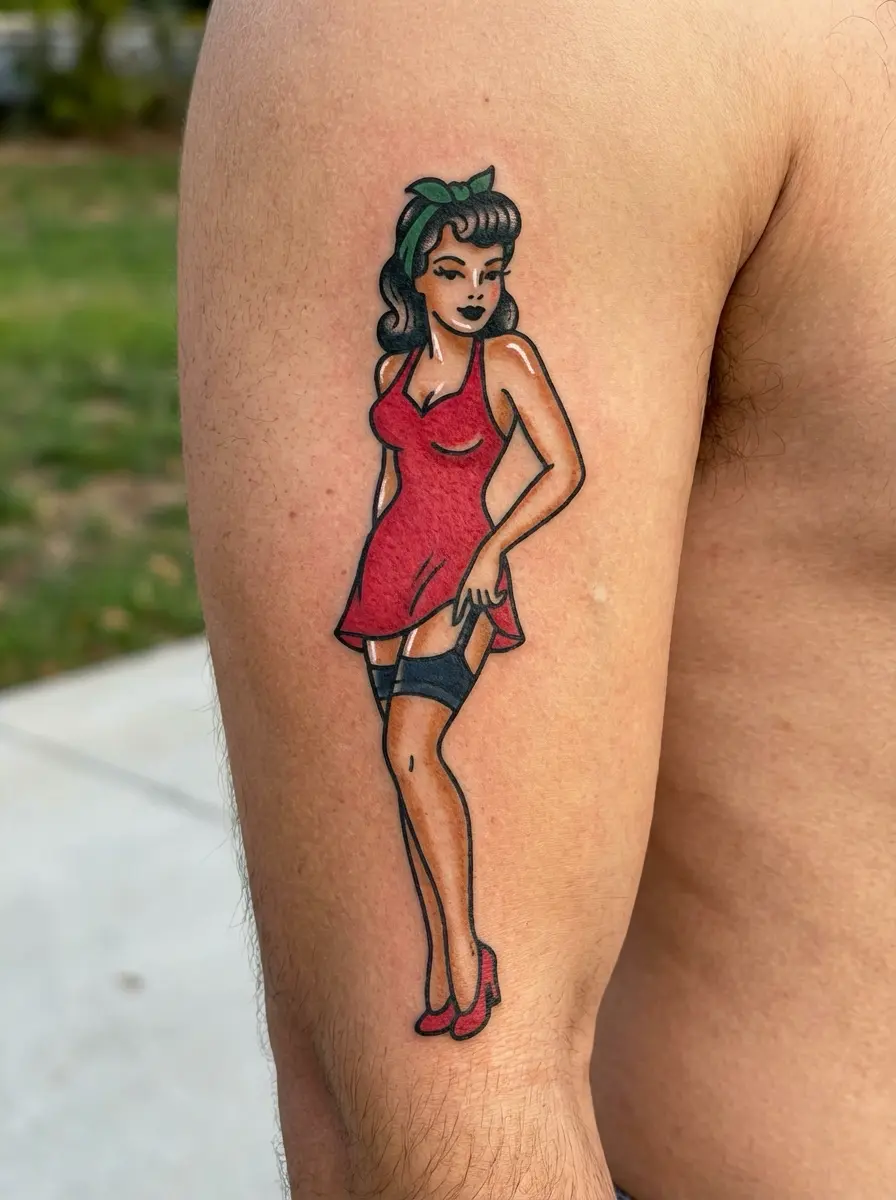 Pin-up girl tattoo design on upper arm, red dress, green headscarf, garter and red heels, bold traditional style