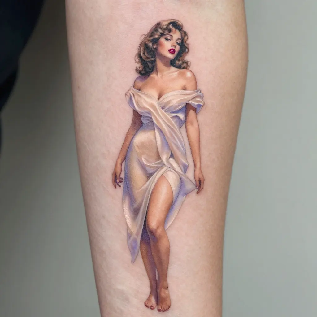 Realistic pin-up woman tattoo in flowing white dress, vintage glamour style on skin