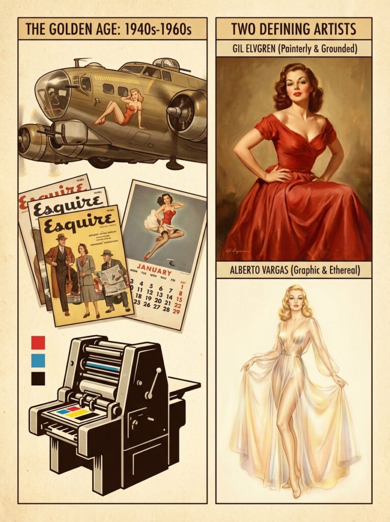 Vintage 1940s-1960s pin-up collage: bomber plane, Esquire covers, printing press, Gil Elvgren & Alberto Vargas art