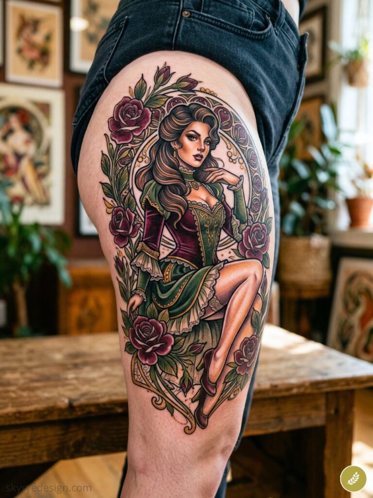 Neo-traditional colorful thigh tattoo of a vintage pin-up woman in ornate dress with roses and decorative frame