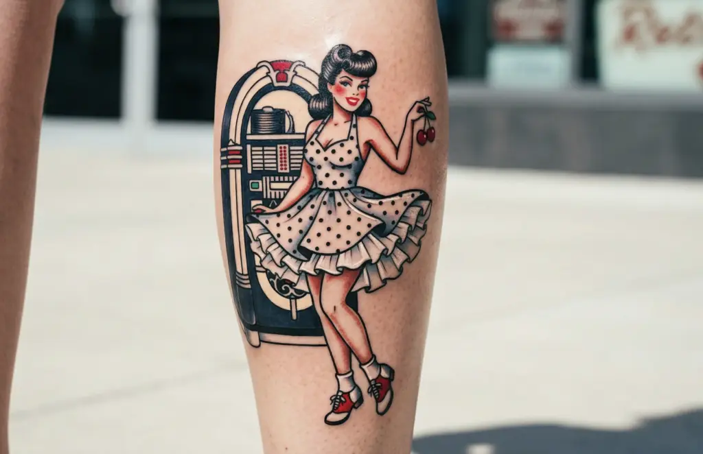 Color calf tattoo of a retro pin-up woman in polka-dot dress holding cherries beside a jukebox