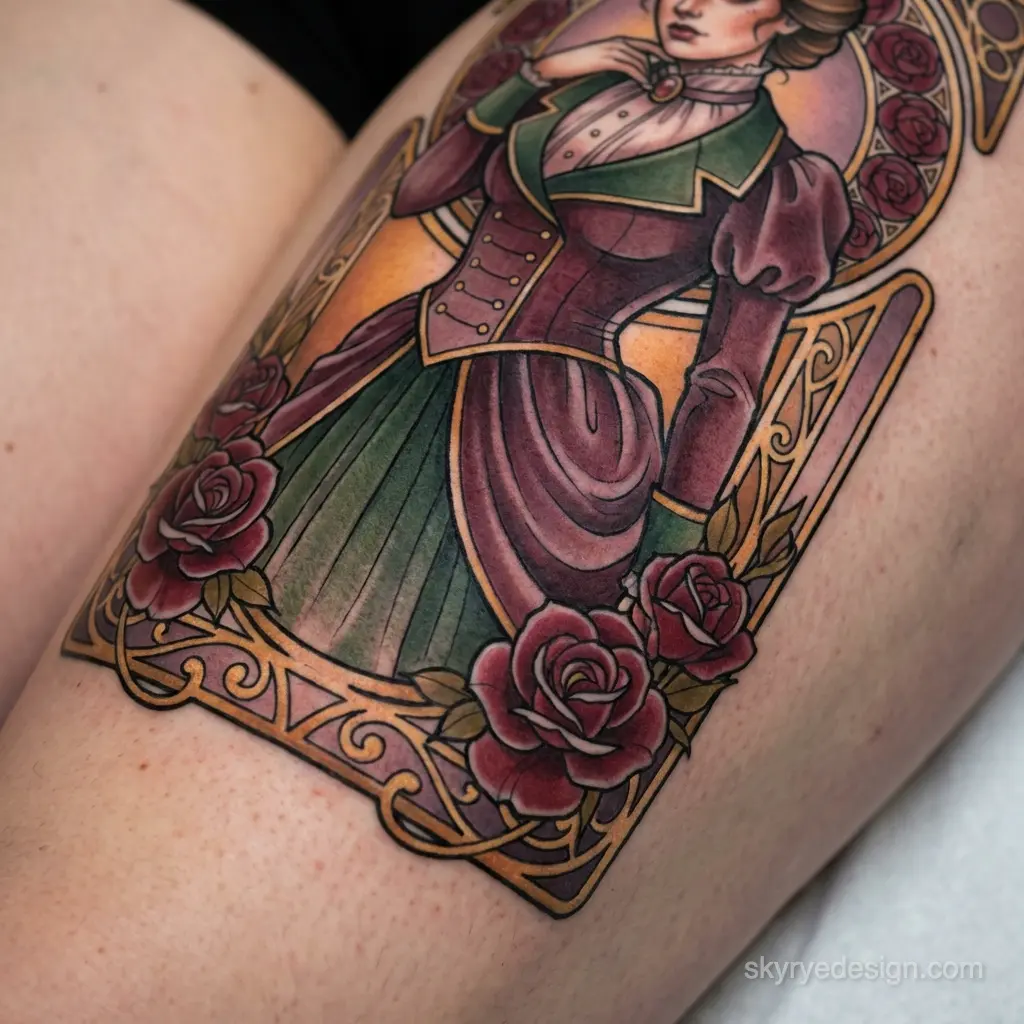 Colorful neo-traditional tattoo of a Victorian woman in an ornate gold frame with red roses on thigh