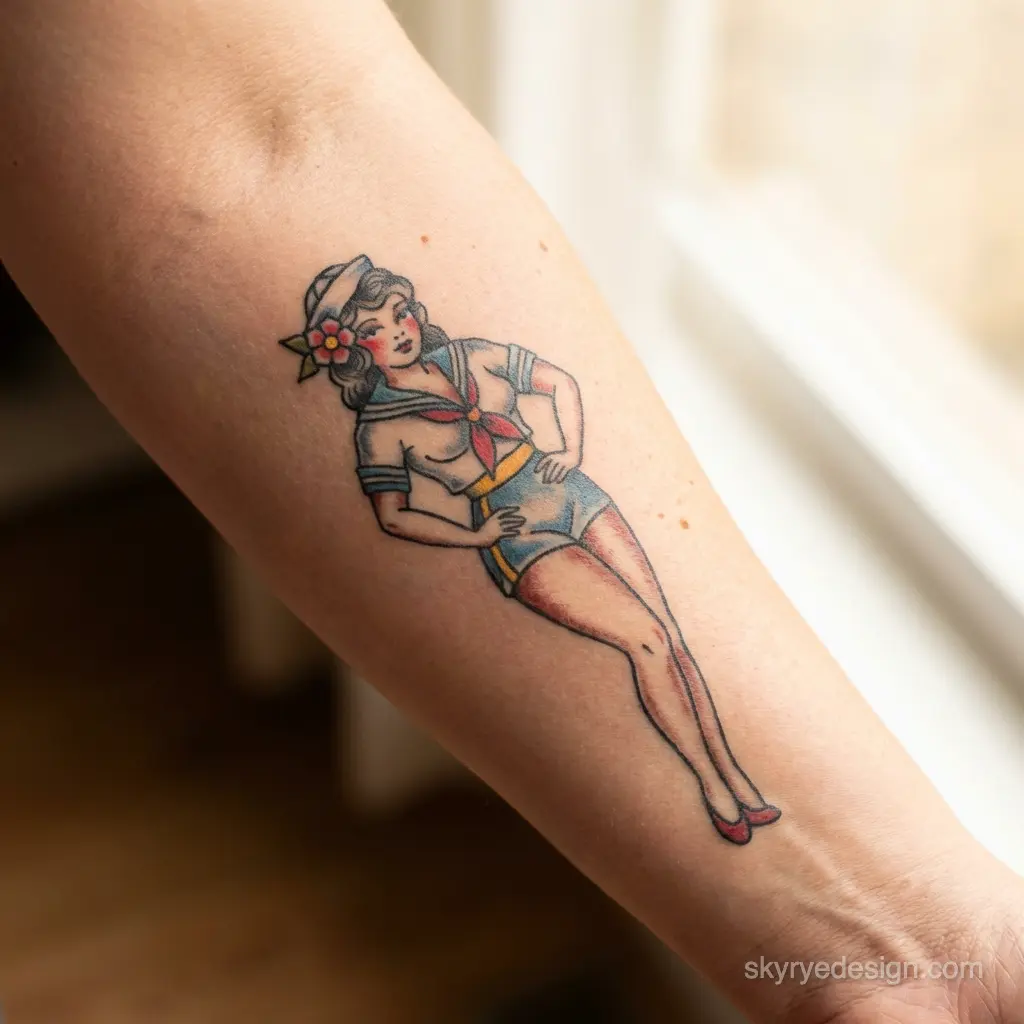 Colorful vintage pin-up sailor girl tattoo on inner forearm, retro nautical design with flower, red scarf and heels