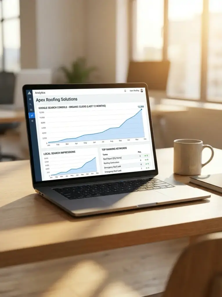 Laptop showing SEO analytics dashboard with rising organic search clicks and top keywords for Apex Roofing Solutions on desk.