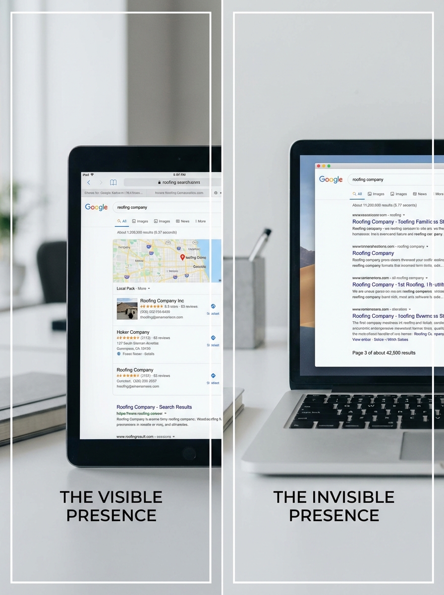 Roofing company SEO: two screens showing Google local map listings and organic search results, visible vs invisible presence