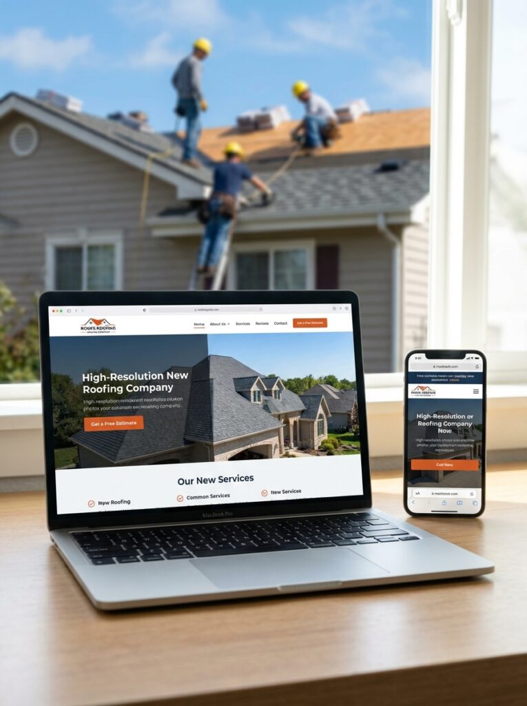 Laptop and phone showing roofing company website on desk, roofers working on house outside—responsive roofing services