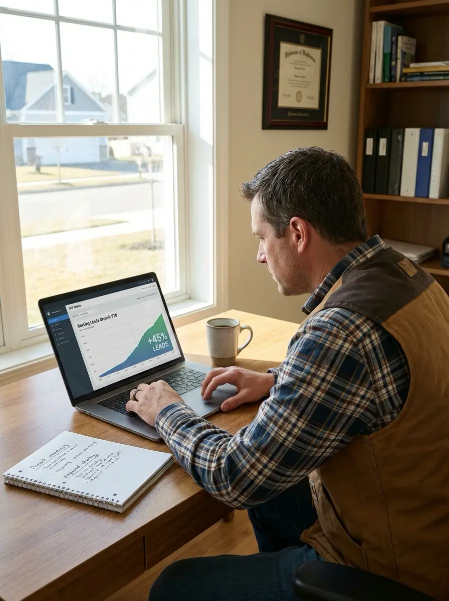 Remote worker in home office analyzing lead growth graph on laptop, notebook and coffee nearby