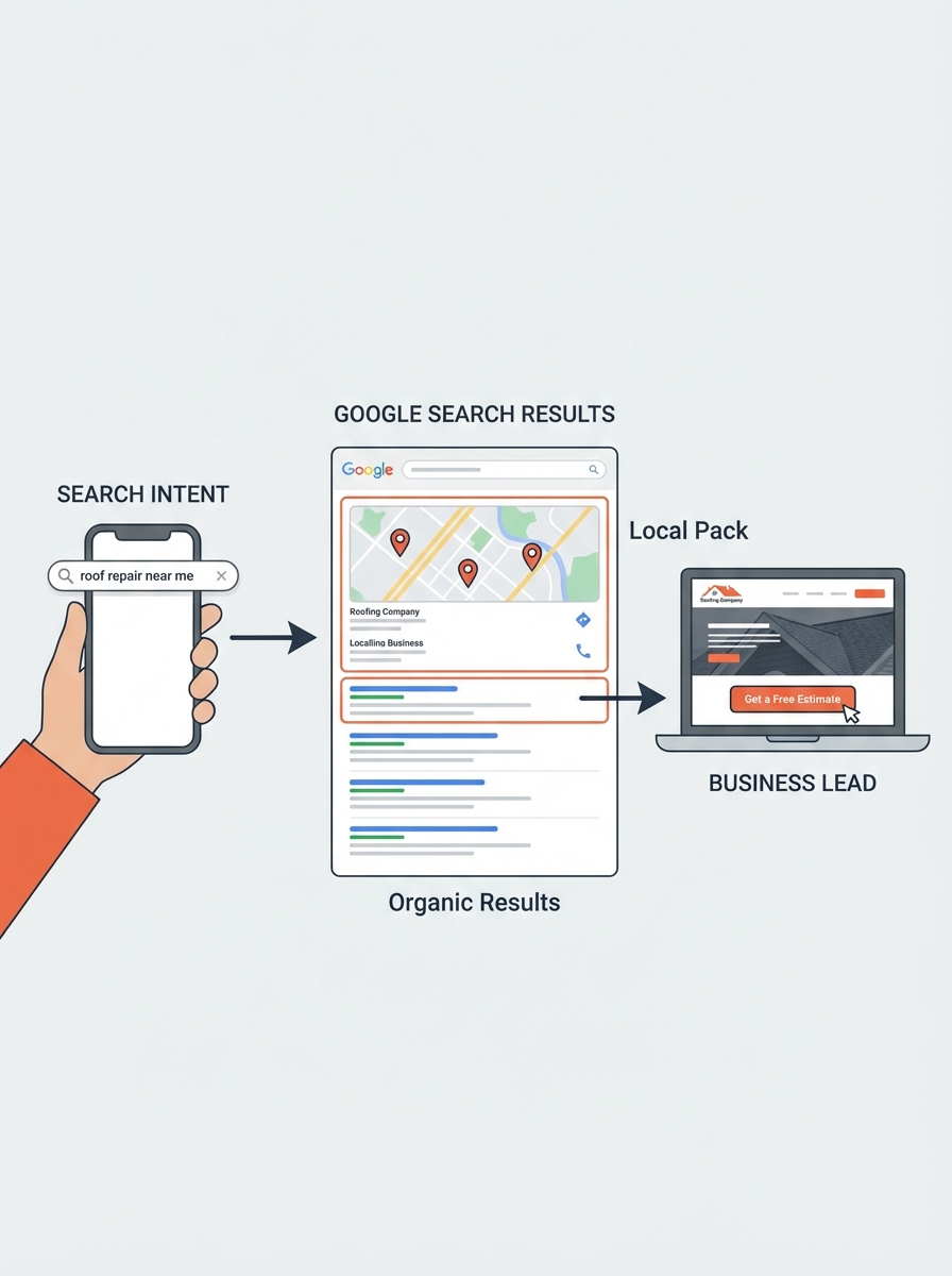 Local SEO funnel diagram: 'roof repair near me' search → Google local pack/map and organic results → business lead.