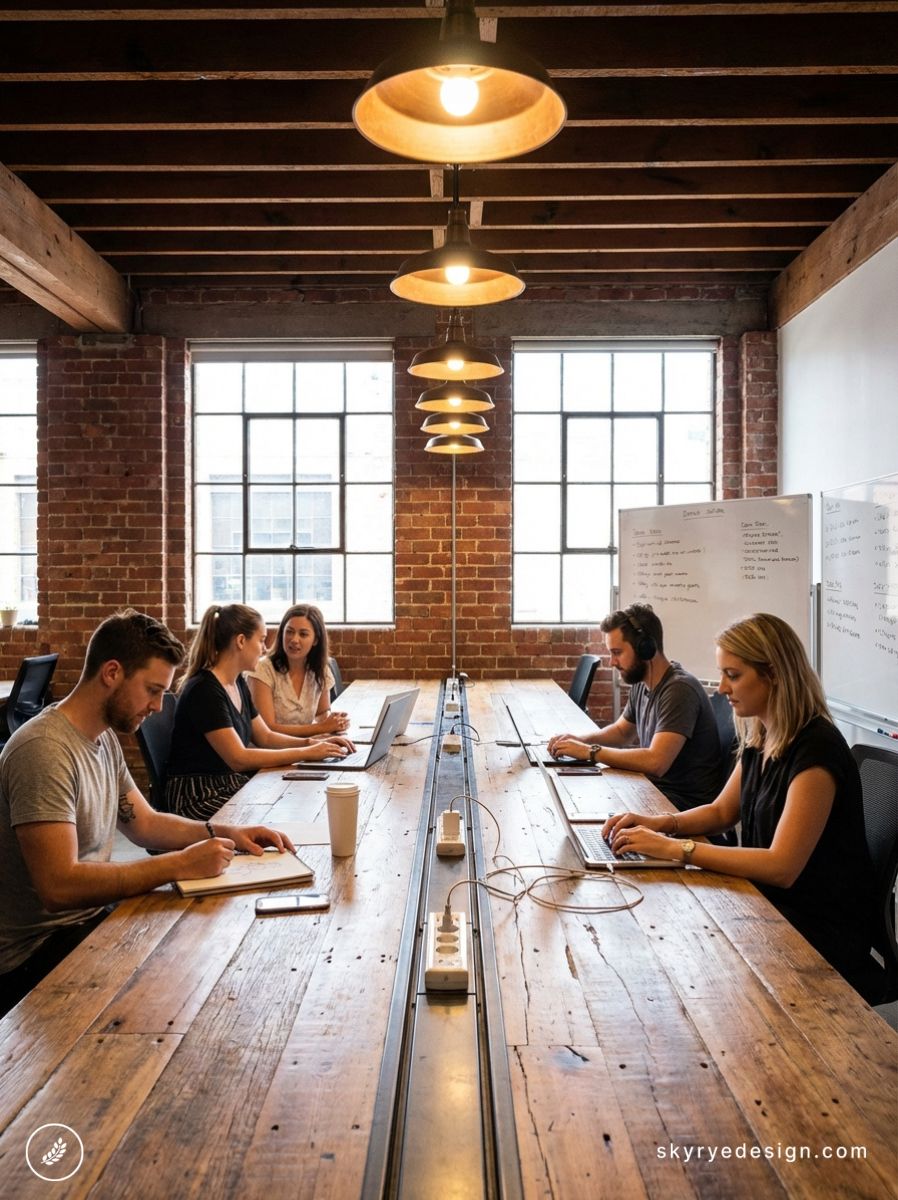 Open-plan coworking loft with exposed brick, long wooden communal table, pendant lights and people working on laptops