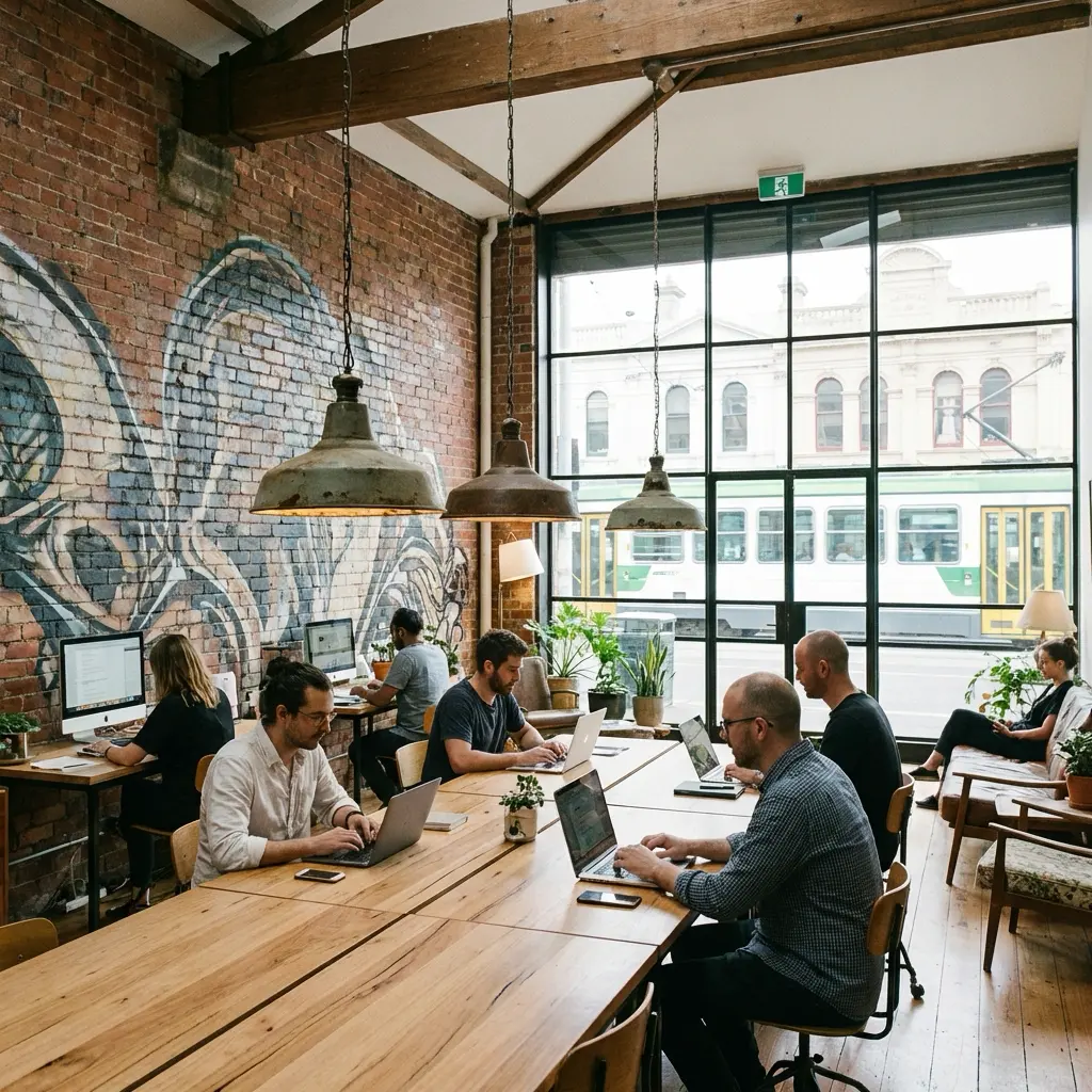 Modern coworking space with exposed brick mural, communal wooden table and people using laptops by large industrial windows