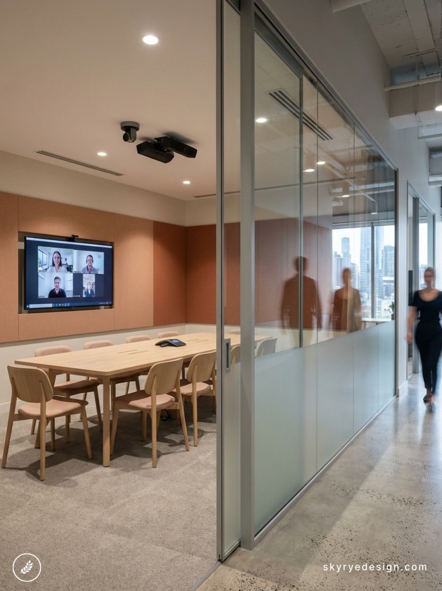 Modern glass-walled conference room with wooden table, chairs and video conference screen; city skyline visible outside.