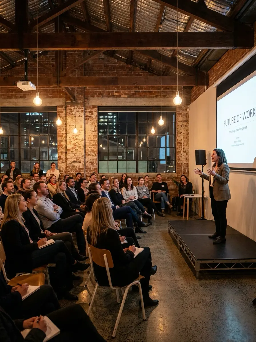 Keynote speaker presenting Future of Work to engaged audience in industrial loft conference space