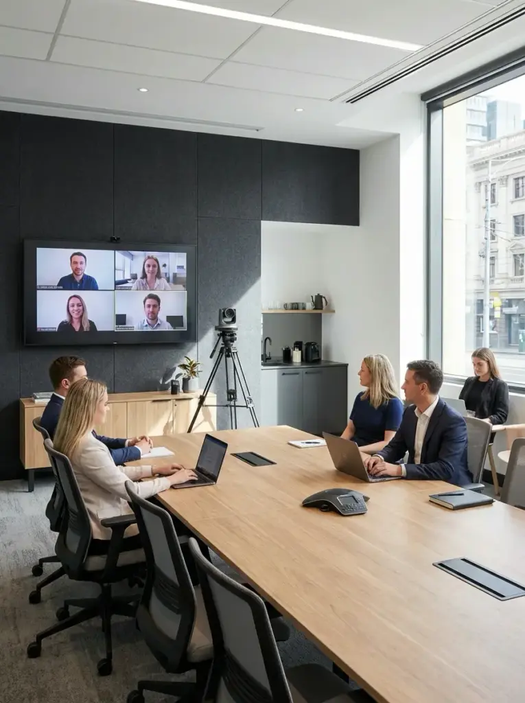 Modern corporate conference room with team on laptops, camera and large screen displaying remote participants video call
