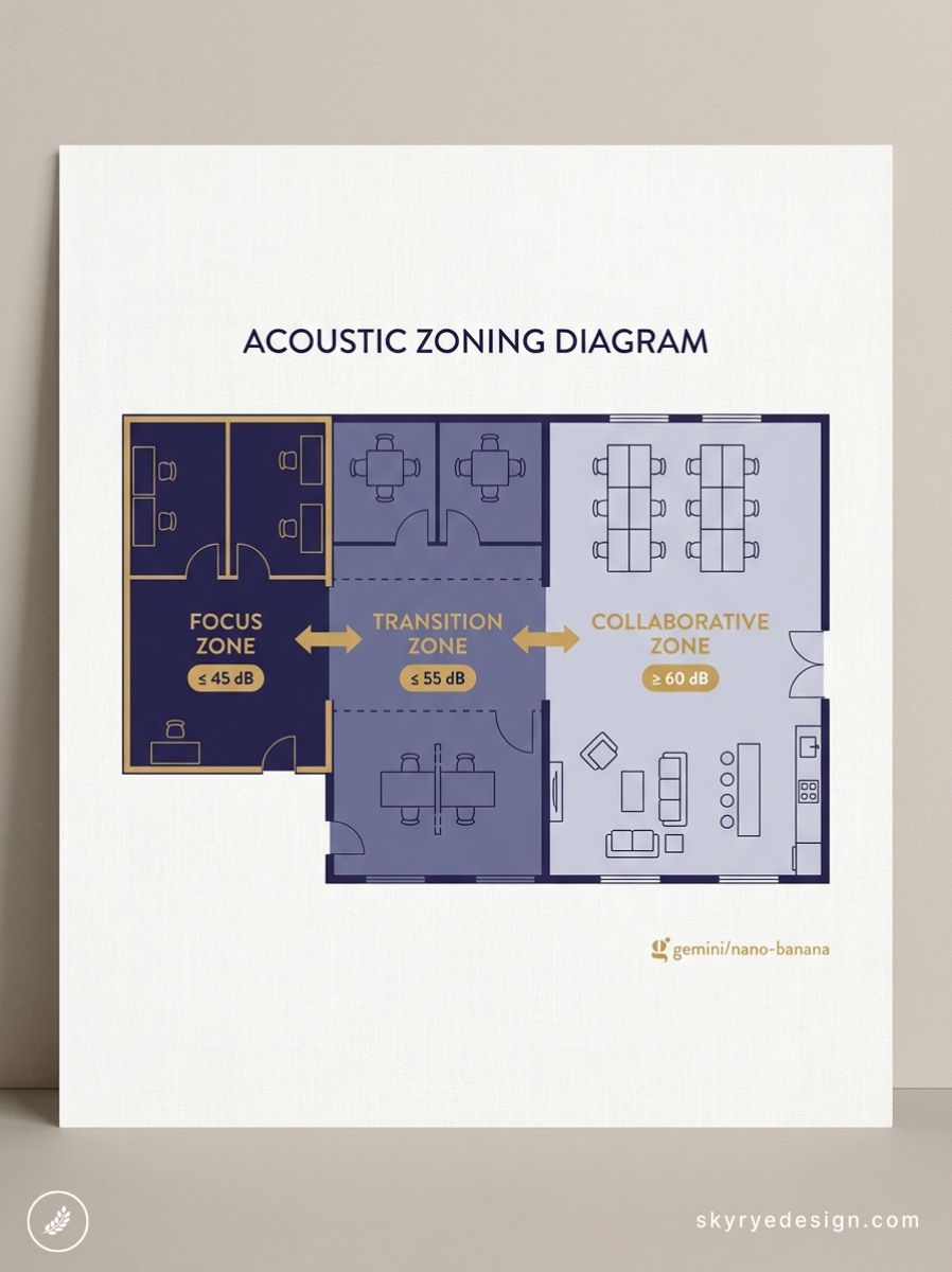 Office acoustic zoning diagram showing Focus ≤45 dB, Transition ≤55 dB, Collaborative ≥60 dB zones