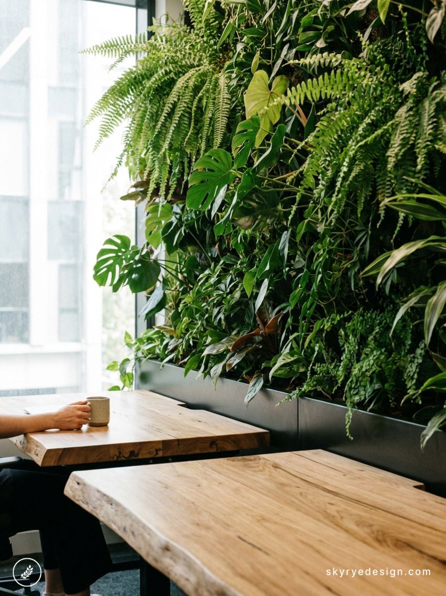 Biophilic cafe interior with living green wall of ferns and monstera, rustic wooden tables and a hand holding a coffee cup