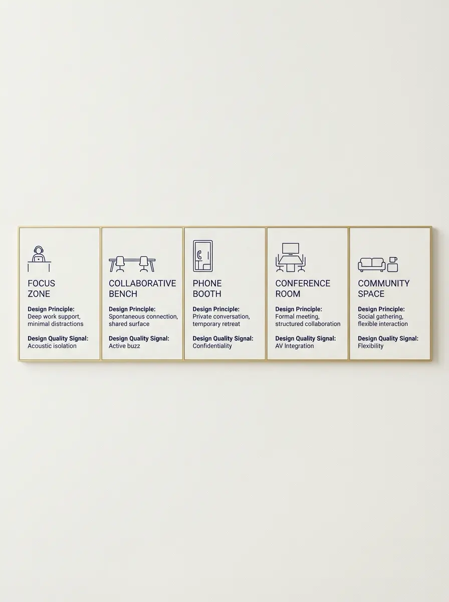 Office wayfinding sign showing five zones: Focus Zone, Collaborative Bench, Phone Booth, Conference Room, Community Space