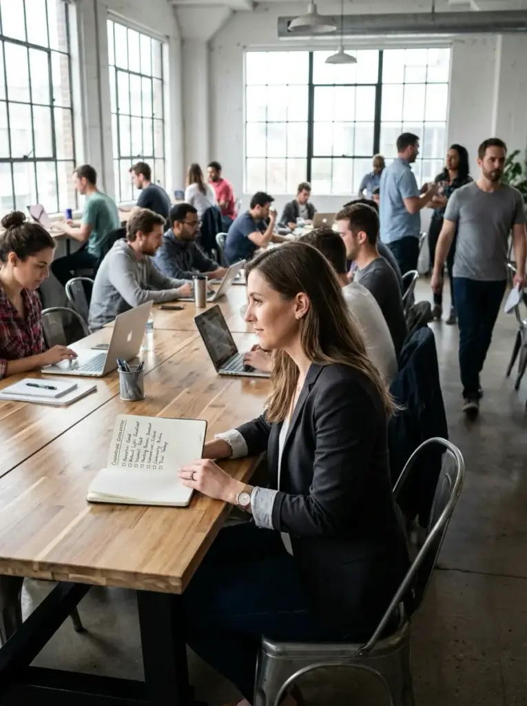 Professionals using laptops in a bright coworking office at a long wooden table, woman with open notebook in foreground