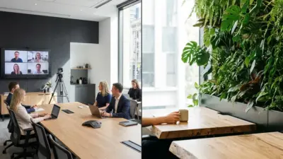 Modern office conference room with hybrid video meeting and adjacent green-wall seating area, laptops and coffee.
