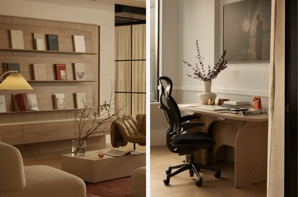 Modern neutral living room and home office split image — wooden desk, ergonomic black office chair, bookshelf, cozy seating