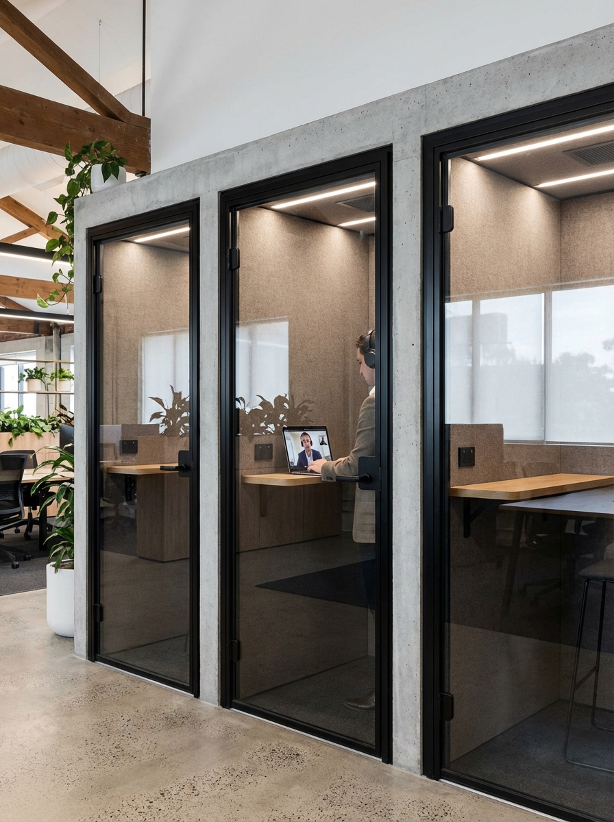 Modern coworking space with glass phone booths; person on laptop video call in private booth, plants and wooden beams.