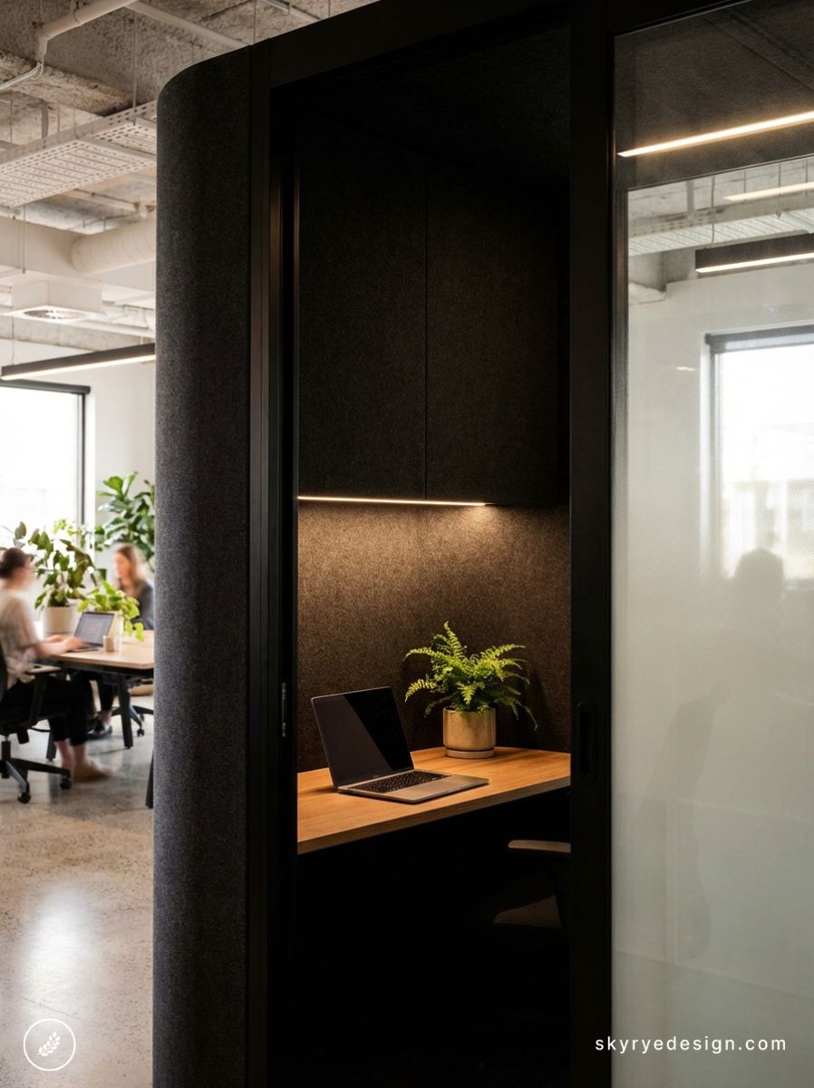 Modern private office pod with wooden desk, laptop and potted fern in open coworking space