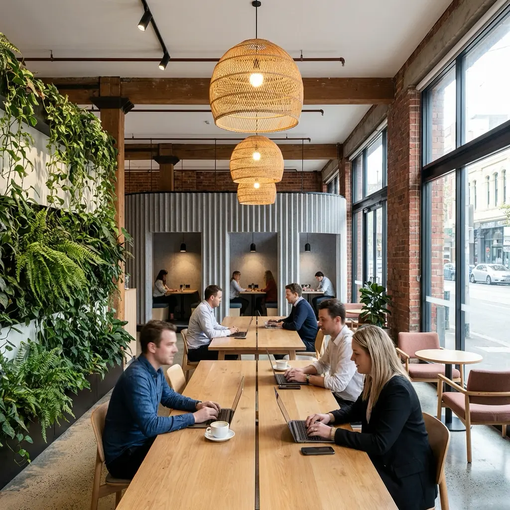 Open-plan coworking space with communal wood tables, rattan pendant lights, living green wall and natural light.