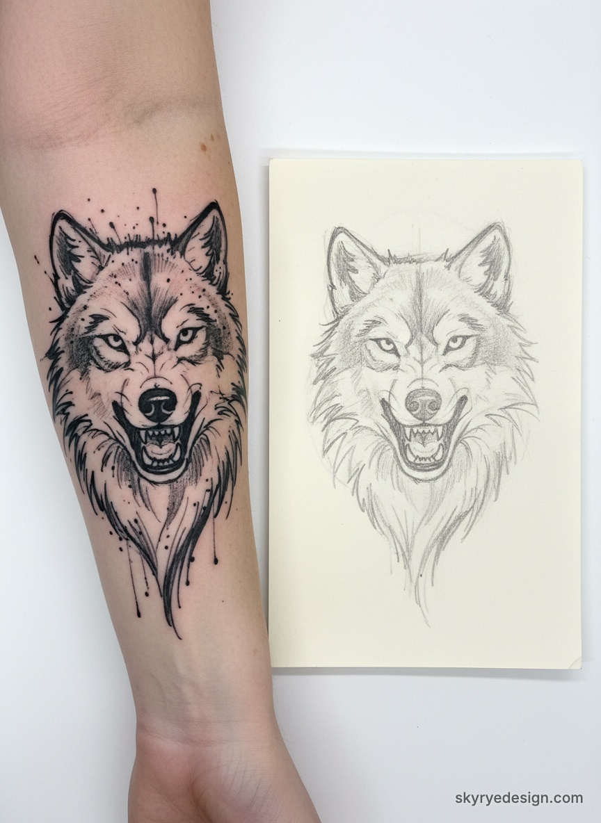 Wolf tattoo on forearm: black ink snarling wolf beside pencil sketch of the design