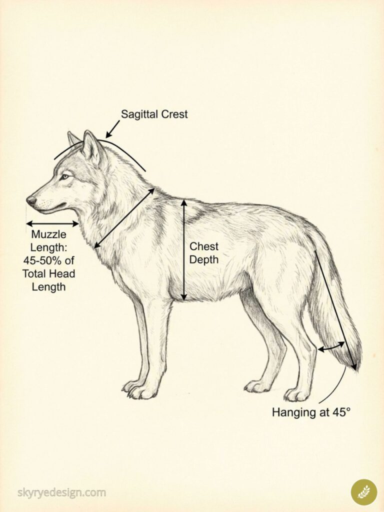 Labeled wolf anatomy diagram showing sagittal crest, muzzle length, chest depth and tail hanging at 45°