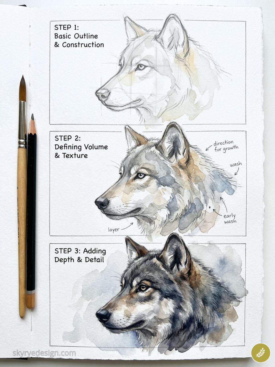 Watercolor wolf tutorial: 3-step progression from pencil outline to textured washes to detailed painted wolf, brush