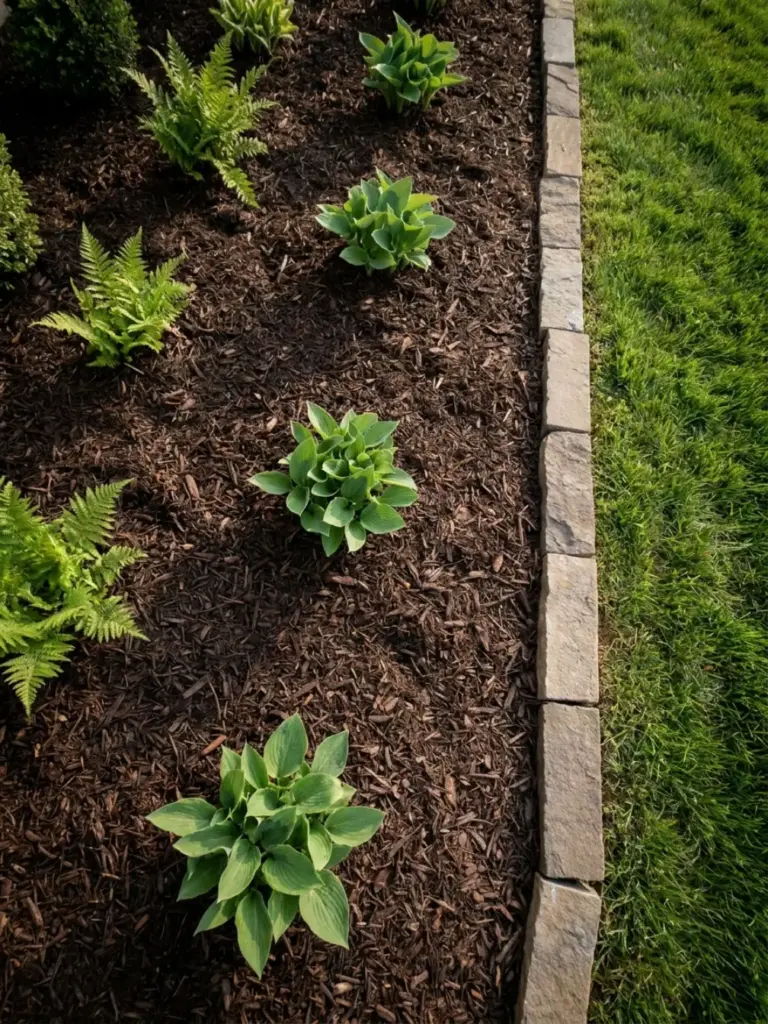 Mulched landscaping bed with hosta plants and ferns, stone edging and lush green lawn