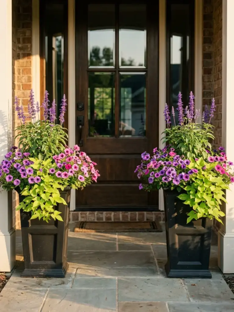 Front porch with dark wood door and black planters of purple petunias and tall lavender - inviting curb appeal
