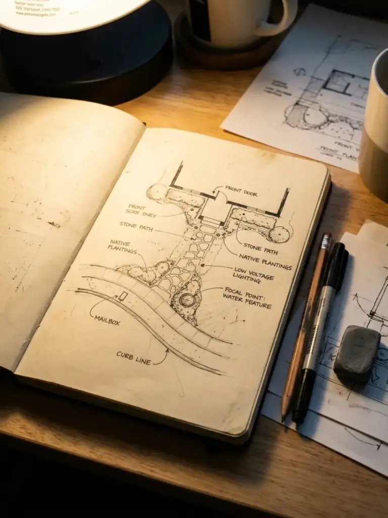Hand-drawn landscape garden plan in sketchbook on wooden desk with pencils, eraser, lamp and coffee
