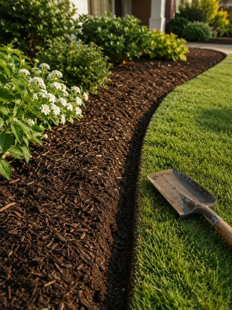 Garden mulch bed with crisp lawn edging, shovel and white flowers — mulch installation & bed maintenance