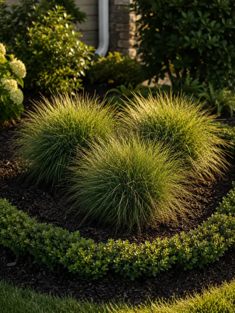 Ornamental grass mounds in a sunlit landscaped garden bed with boxwood edging and mulch
