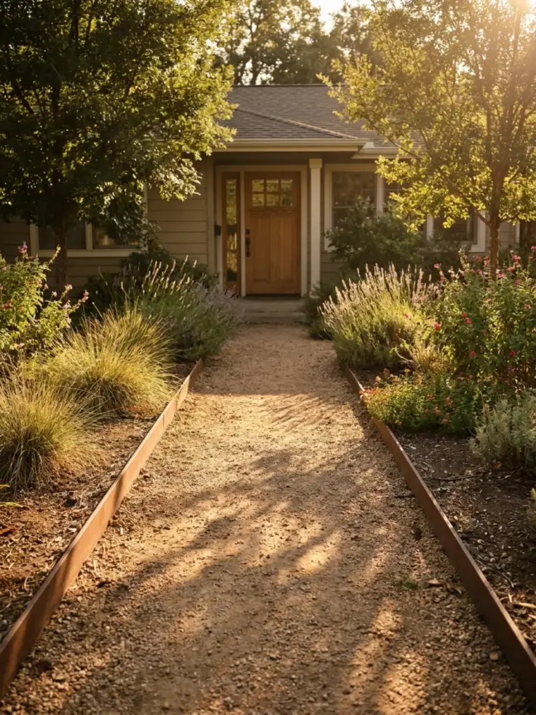 Sunlit front yard gravel path to wooden door, drought‑tolerant plants and landscaped borders for modern curb appeal