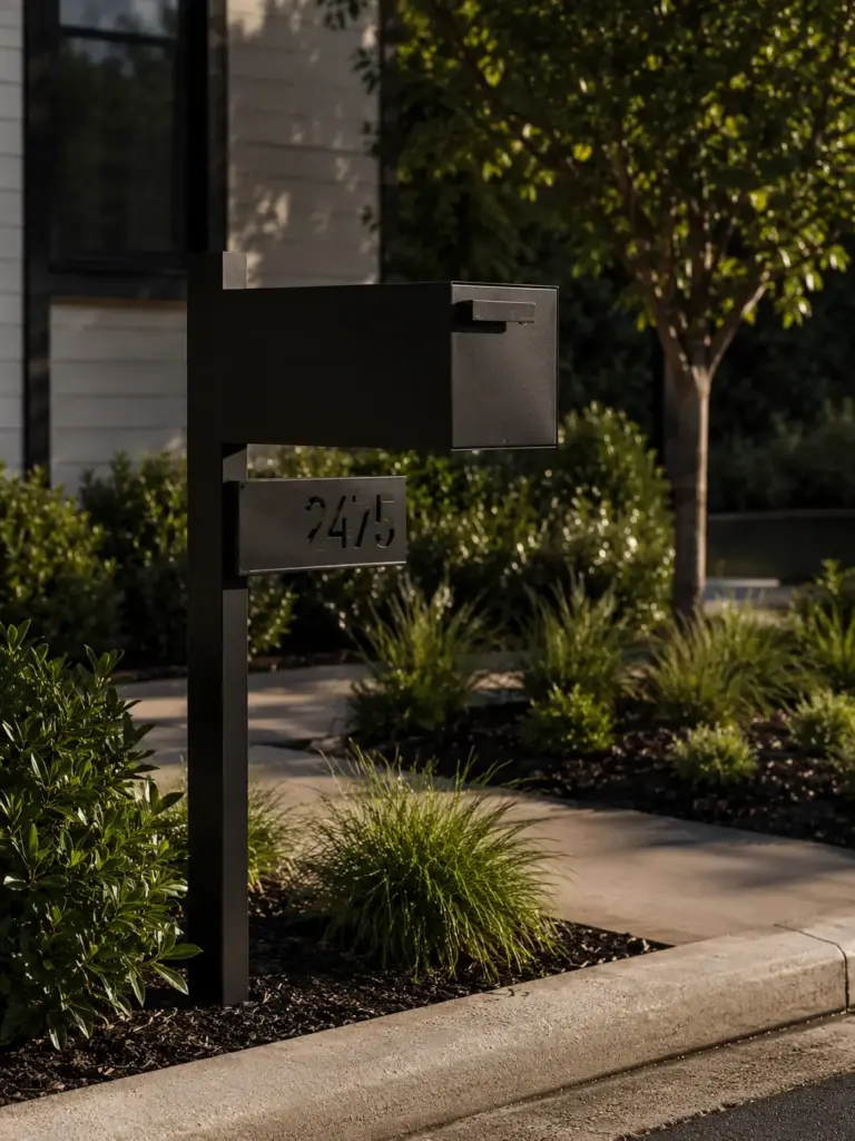 Black curbside mailbox with house number 2475 on modern post by sidewalk in landscaped front yard