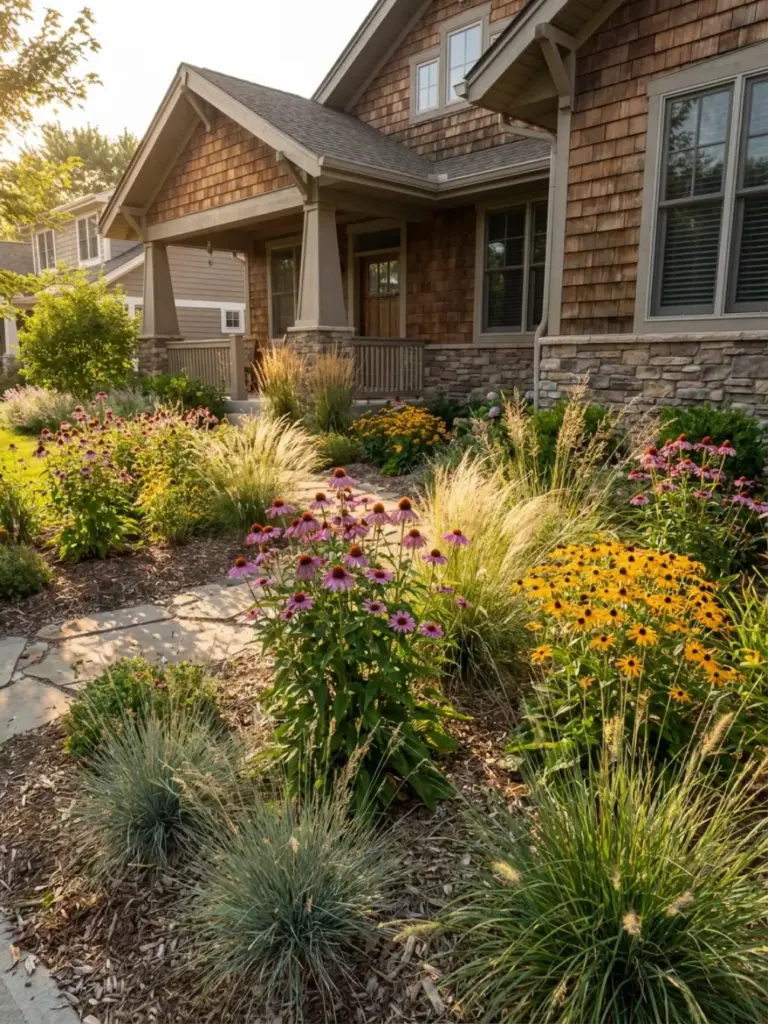 Craftsman house front yard with stone path, ornamental grasses, purple coneflowers and yellow Black-eyed Susans