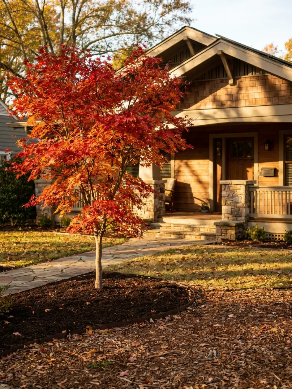 Autumn front yard with red Japanese maple in mulch bed, stone walkway leading to craftsman-style house with porch