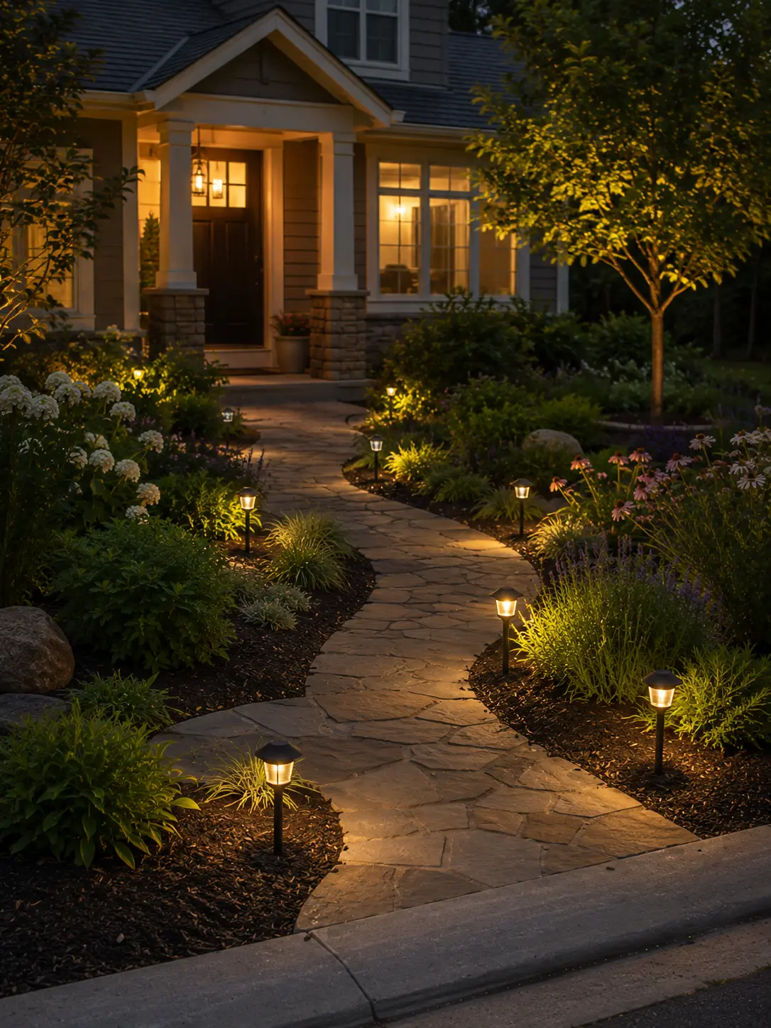 Dusk-lit stone pathway with solar landscape lights leading to a welcoming front porch and lush garden.