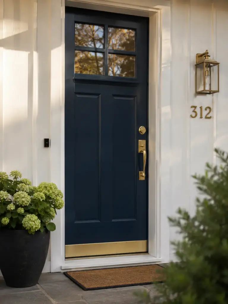 Navy blue front door with brass handle and kickplate, white siding, brass lantern, house number 312 and potted hydrangeas