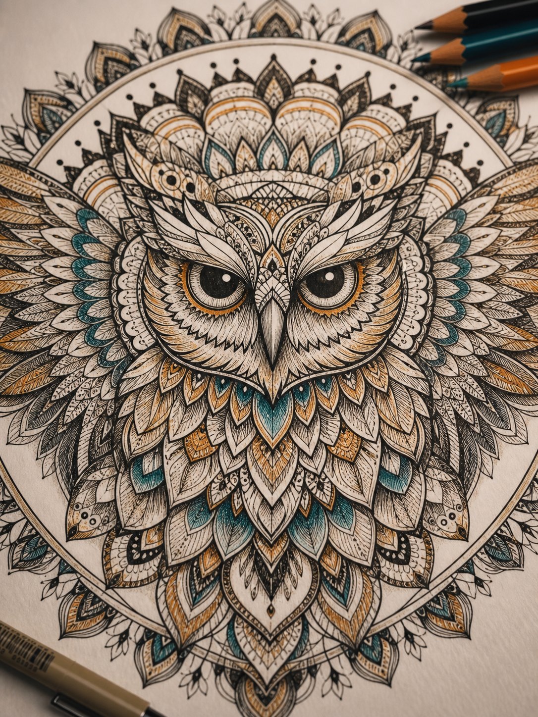 14 Animal Mandala Owl or Elephant Intricate circular mandala owl illustration with teal and gold accents; pencils visible in the corner. | Sky Rye Design 14. Animal Mandala — Owl or Elephant mandala design on paper