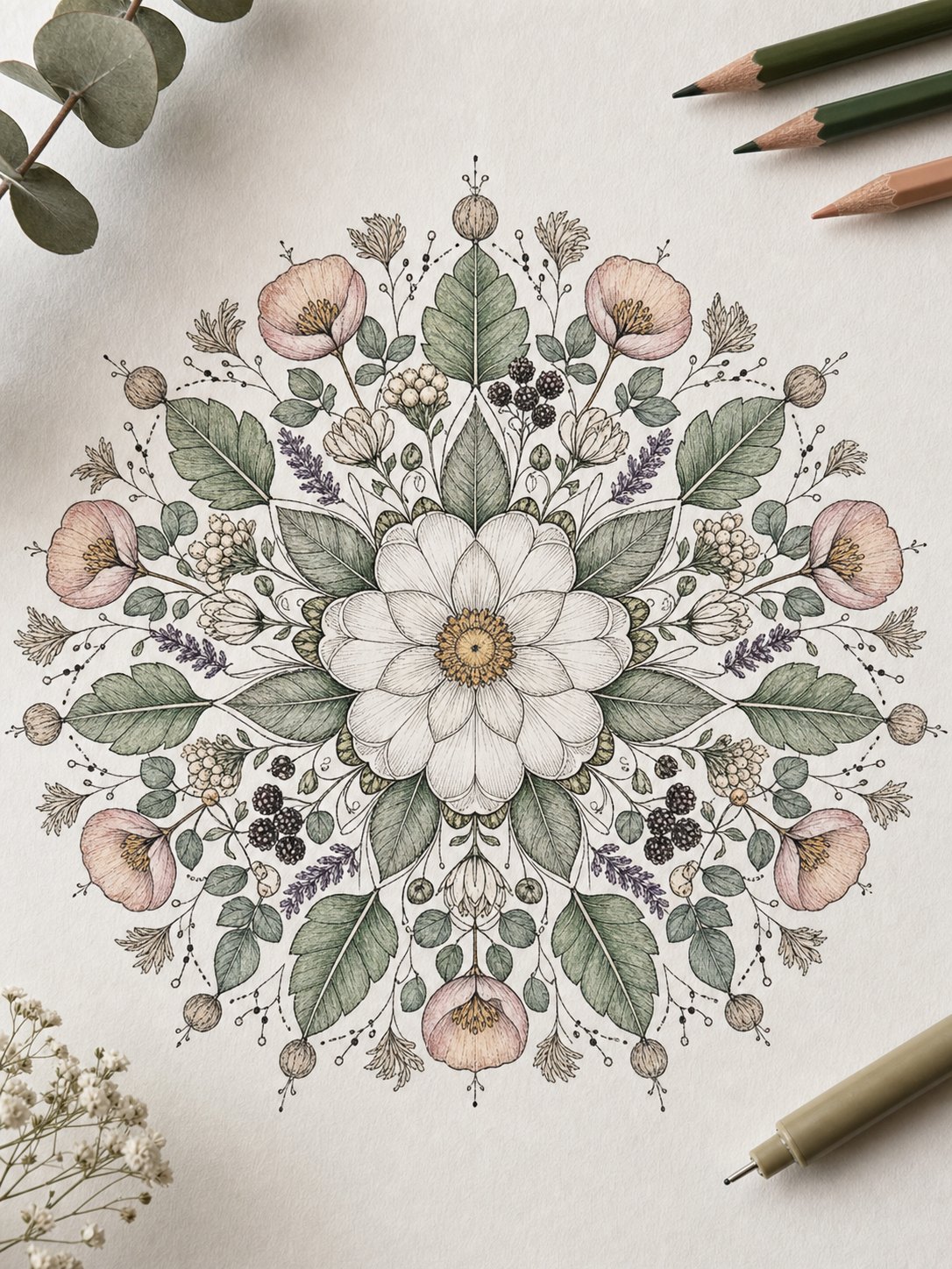18 Botanical Mandala Symmetrical floral mandala with a central white bloom, green leaves, and pink blossoms on beige paper. | Sky Rye Design 18. Botanical Mandala mandala design on paper