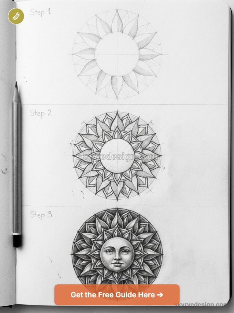 tutorial-sun-mandala Sun-face mandala drawing tutorial - three-step pencil sketch in a sketchbook with a pencil. | Sky Rye Design Sun-face mandala drawing tutorial - three-step pencil sketch in a sketchbook with a pencil.