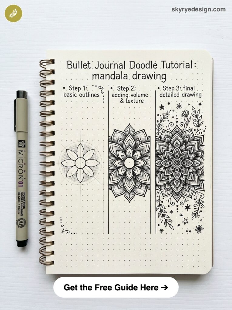 bujo-doodle-mandala-drawing 1 Spiral dot-grid notebook with bullet-journal mandala tutorial: step-by-step outlines to detailed mandala, pen at left. | Sky Rye Design Spiral dot-grid notebook with bullet-journal mandala tutorial: step-by-step outlines to detailed mandala, pen at left.