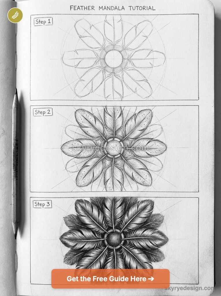 tutorial-feather-mandala Feather mandala drawing tutorial: three-step pencil sketches in a sketchbook with a graphite pencil. | Sky Rye Design Feather mandala drawing tutorial: three-step pencil sketches in a sketchbook with a graphite pencil.